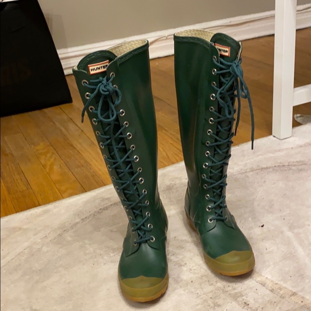 Hunter green lace up rain boots